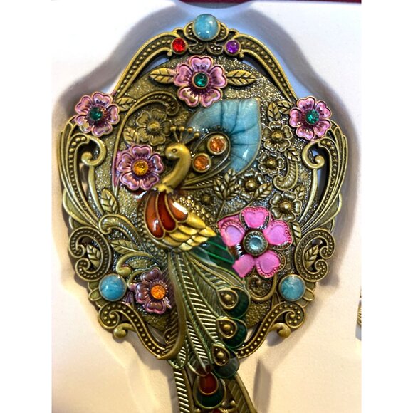 Beautiful Cloisonne Brass Peacock Mirror and Comb Set New main image 7